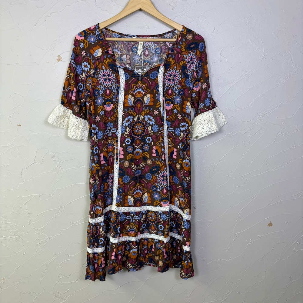 NEW Matilda Jane Dress Womens XS Brown Floral Lace Trim Boho Peasant Cottagecore - Picture 2 of 14